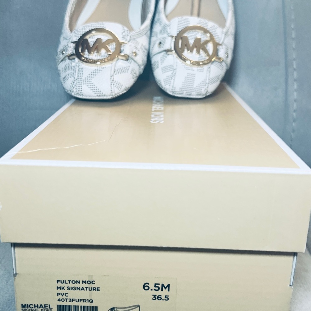 Michael Kors White Logo-Print Ballet Flats with Gold MK Medallion - Picture 2 of 5